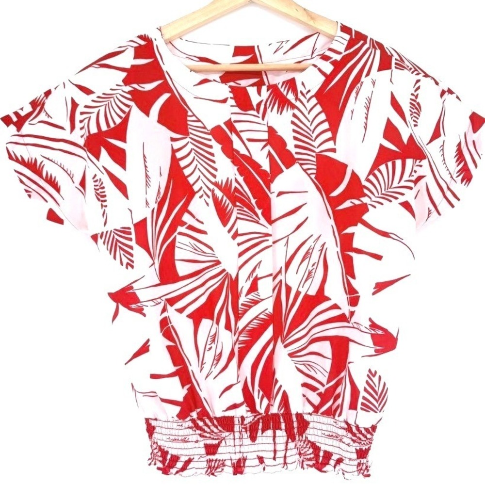 Judy Bond Vintage Red White Tropical Smocked Blouse‎ Size 10 60s Retro Coastal